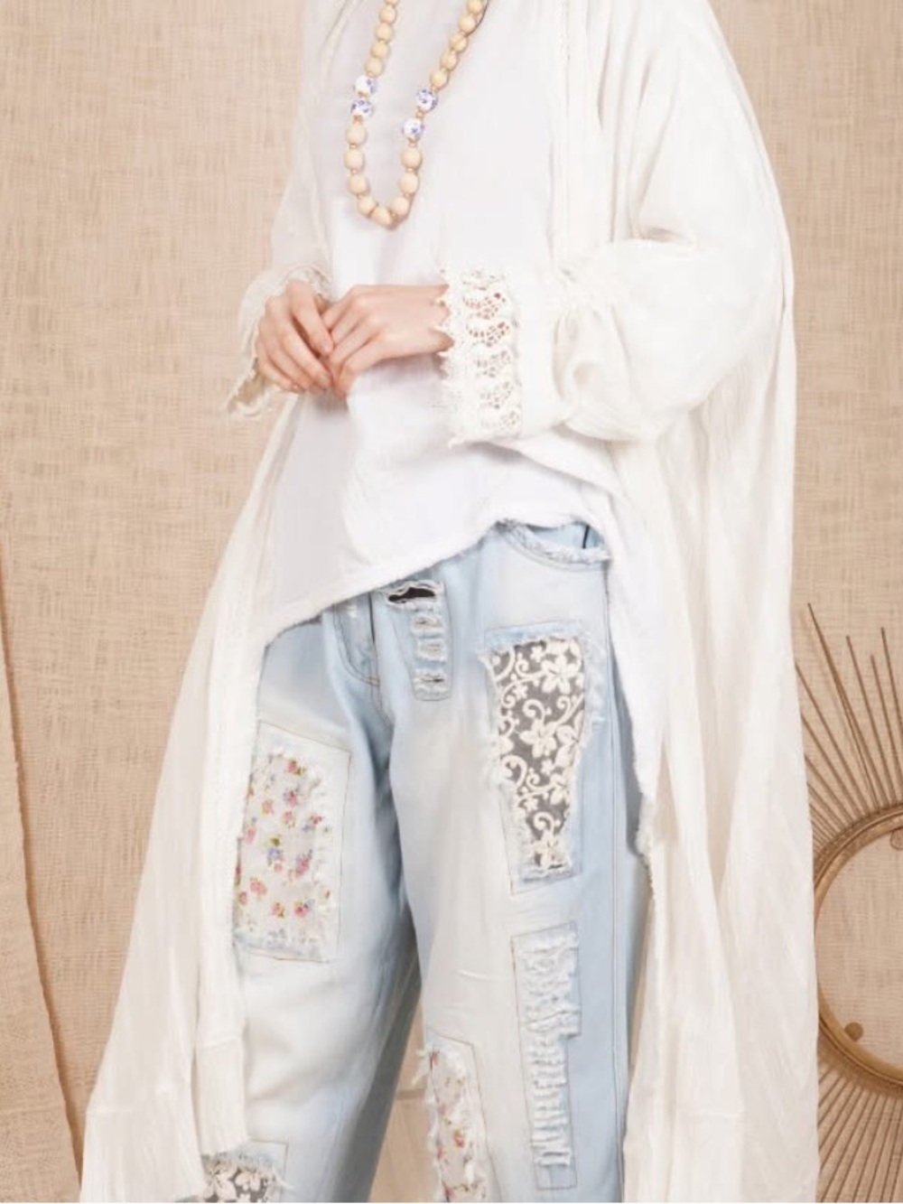 Paper lace pants .. Light Blue Patchwork boho bohemian jeans love peace